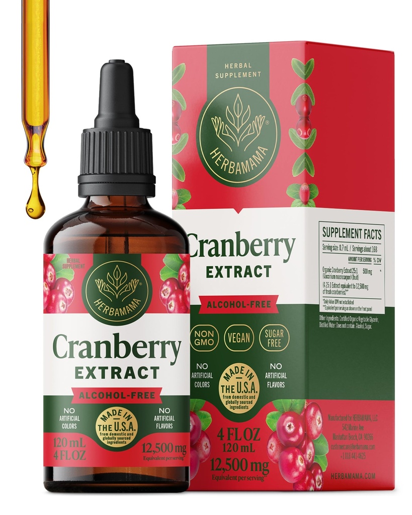 HERBAMAMA Cranberry Supplement Tincture - Vegan Urinary Tract Support for Men and Women with Cranberry Extract - Non-GMO, Alcohol & Sugar-Free Kidney Support Supplement, 84-Day Supply