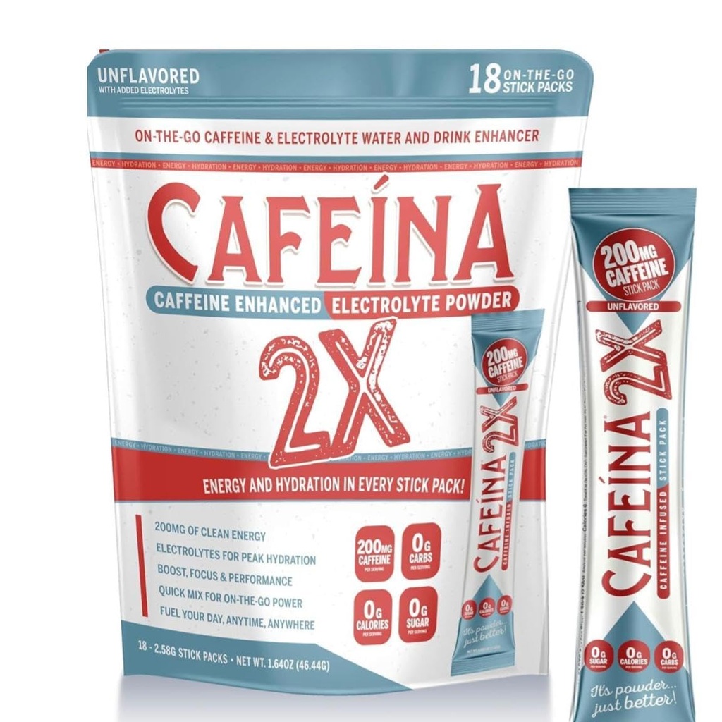CAFEINA 2X - 200mg Caffeine and Electrolyte Infused Powder Sticks for Your Favorite Keto Paleo Drink, Water, and/or OJ - No Sugar, No Calories, Clean Energy Boost. 18 Sticks