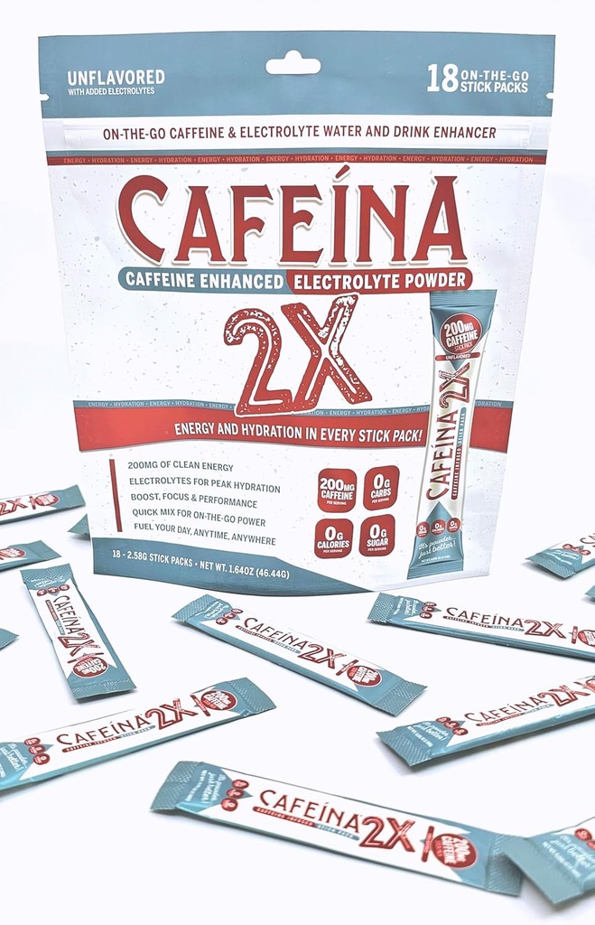 CAFEINA 2X - 200mg cafeína e envases de po infundidos por electrólitos (18 conta)