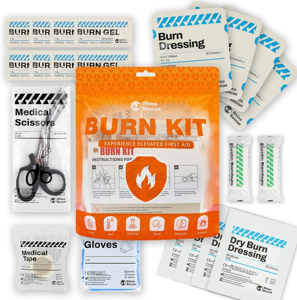 RHINO RESCUE Burn Kit, 4pcs Burn Dressings 4x4, 8pcs Burn Gel Packets 3,5g, 4pcs Burn Pads, Premiers soins Refroidissement Crème apaisante avec Bandage, Gants Nitrile, Ciseaux, Bande, HSA/FSA Admissible