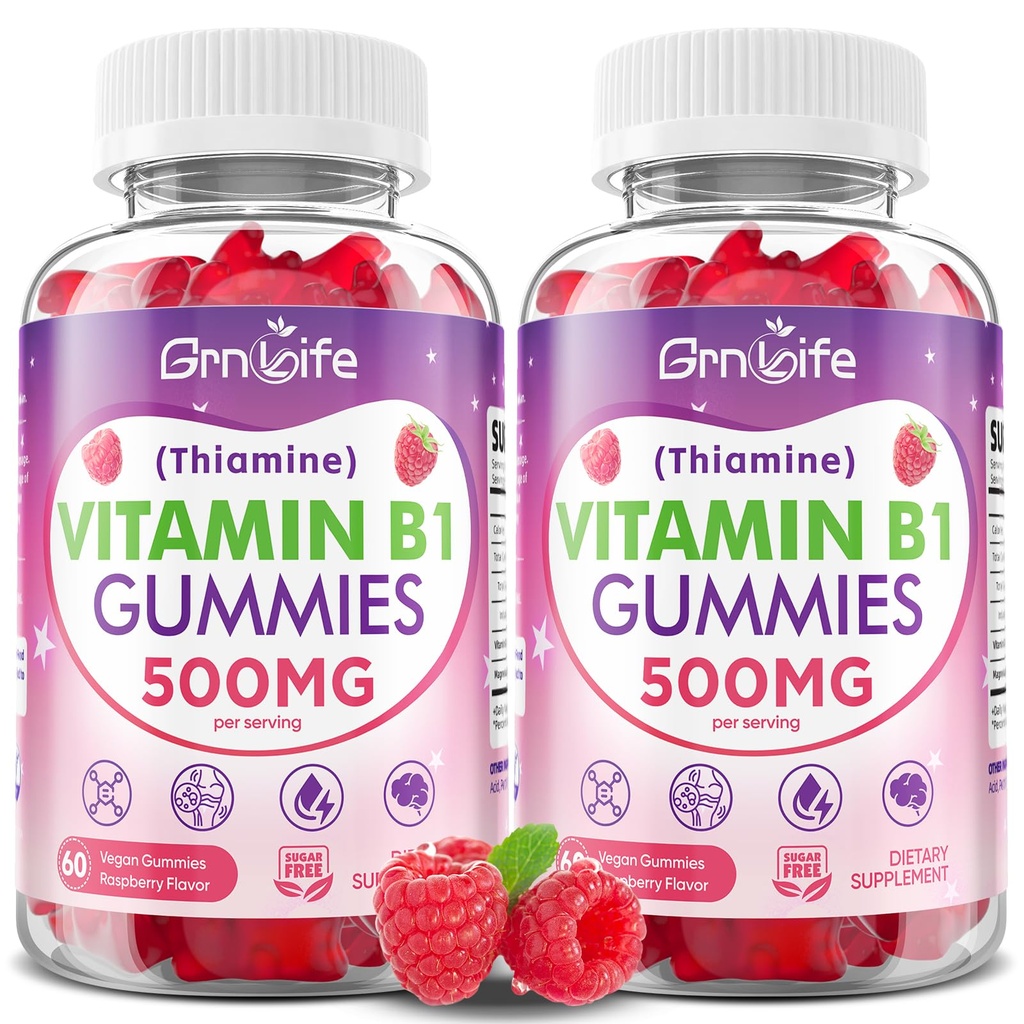 2 Pack Vitamin B1 Gummies 500mg for Adults & Kids – High Potency Thiamine B1 Supplement for Energy & Nervous System Support, Sugar-Free, Raspberry Flavor, 120 Count