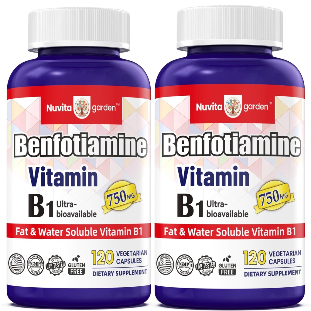 2 Pack 750 mg Vitamin B1, Energy Production, Nervous System Health, 120 Capsules
