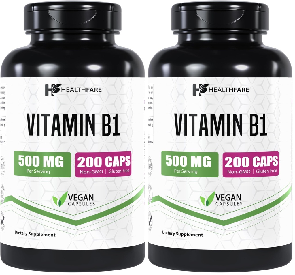 Healthfare Vitamin B1 500mg | 200 Veg Capsules | Thiamine Supplement | Supports Overall Health | Non-GMO | Gluten-Free (Pack of 2)