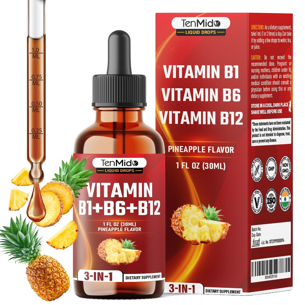 3-in-1 Vitamin B Complex Liquid Drops for Women & Men - with B1 Thiamine, B6 Pyridoxine, B12 Methylcobalamin - Alcohol-Free, Non-GMO - 30ml 1 Fl Oz