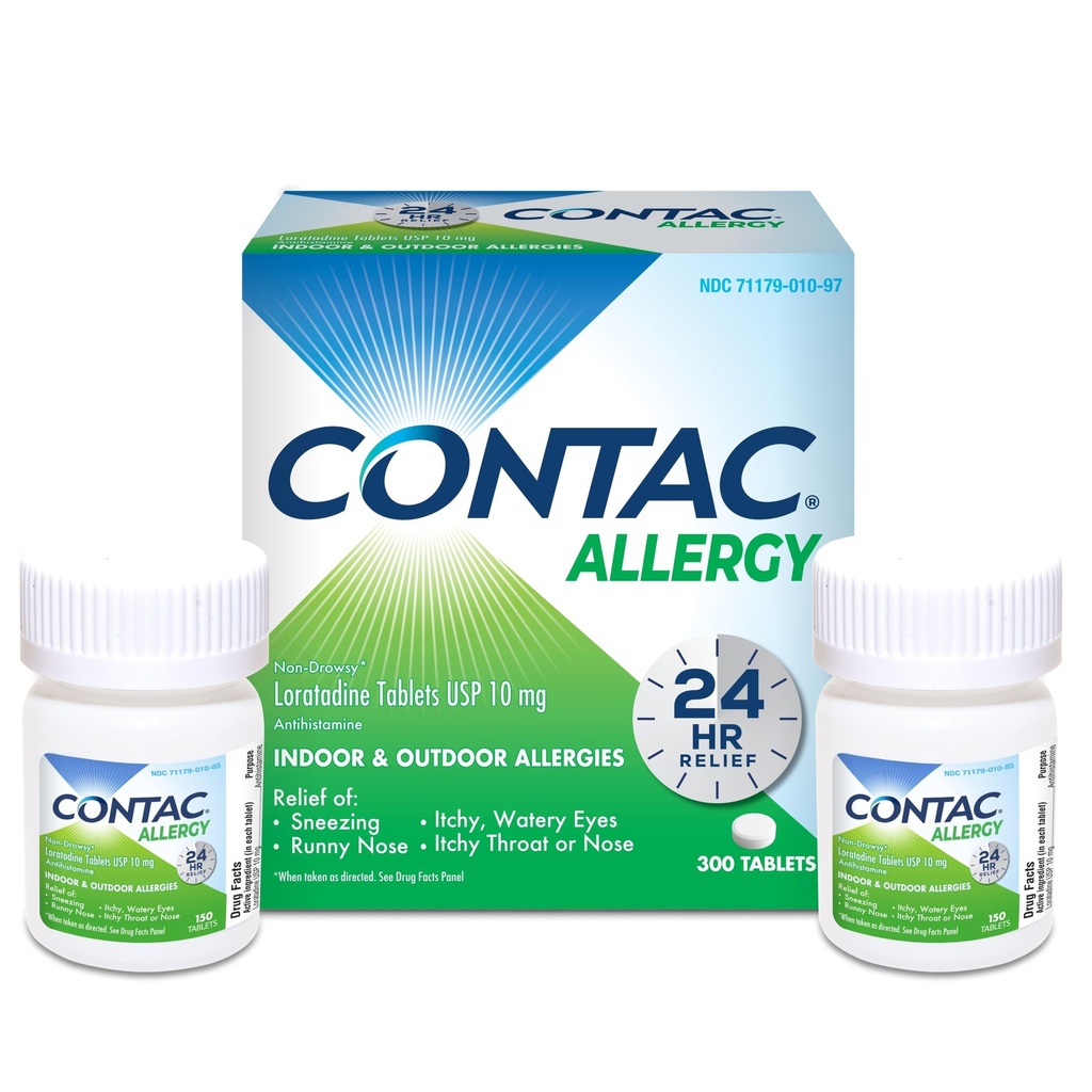 Contac Allergy Relief Tablets, Loratadine 10 mg Antihistamine, 24 Hour Non Drowsy Medicine for Sneezing, Runny Nose & Itchy Eyes, Gluten Free, 300 Count