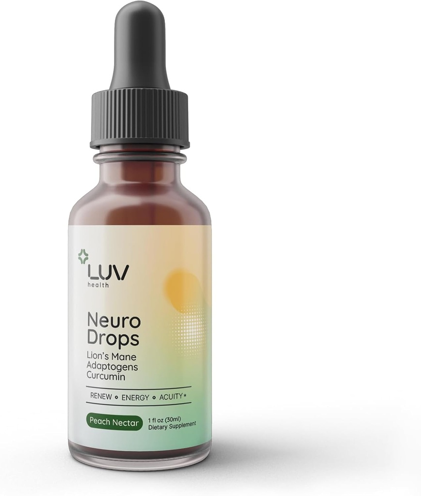 LUV Health Neuro Drops - поддержка боли в нервах и совместное утешение с гривой льва, куркумином, кордицепсом и рейши - органические адаптогены - веганские, не ГМО, изготовленные в США - 30 сервий