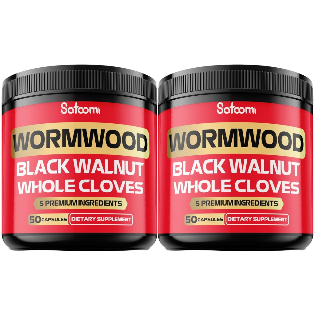 Satoomi [2 Packs - 50 Capsules - 5 in 1 Wormwood Capsules Supplement - Extracted from Black Walnut Whole Cloves Turmeric and Berberine HCl Immune System & Digestion Health
