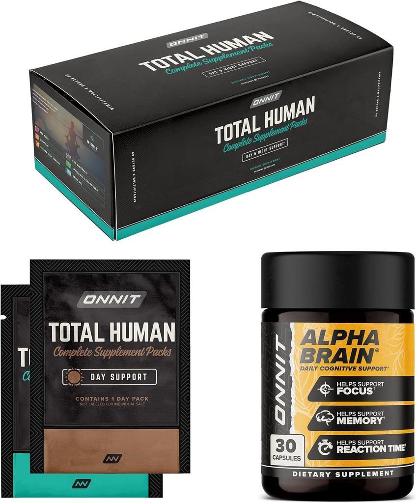 ONNIT Premium Alpha Brain Bundle - Nootropic Brain Supplement (30 greve) för fokus, koncentration och minne + Total Human Day och Night Vitamin Packs för män och kvinnor (30-dagars leverans)