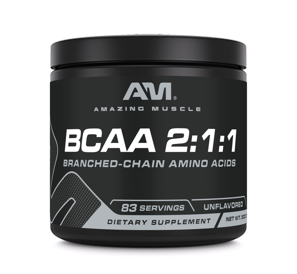 Amazing Muscle BCAA Amino Supplement | 2:1:1 Branched Chain Amino Acid Ratio | Unflavored | Net Weight 500 Grams (1.1 Lb) | Non-GMO | Gluten-Free | Made in USA