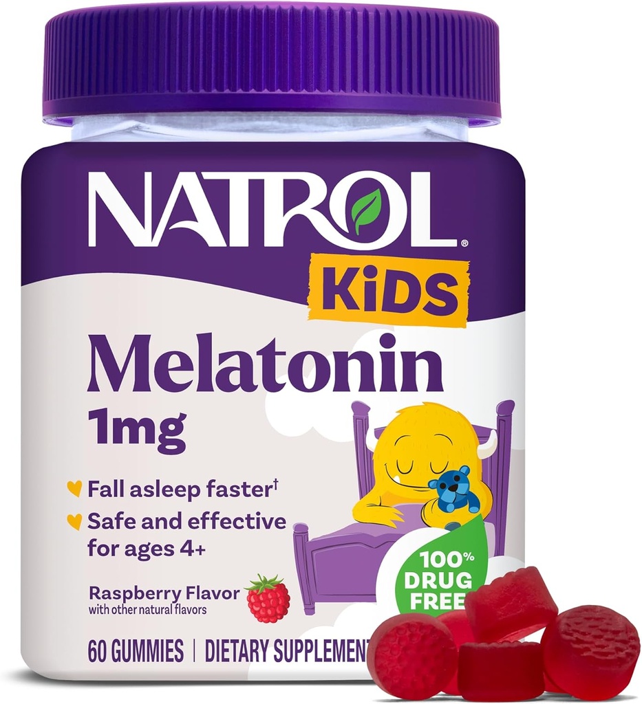 Natrol Kids Melatonin Gummies 1mg, Haurren Melatonina lo egiteko, 60 Raspberry-Flavored Sleep Gummies, 60 eguneko hornidura