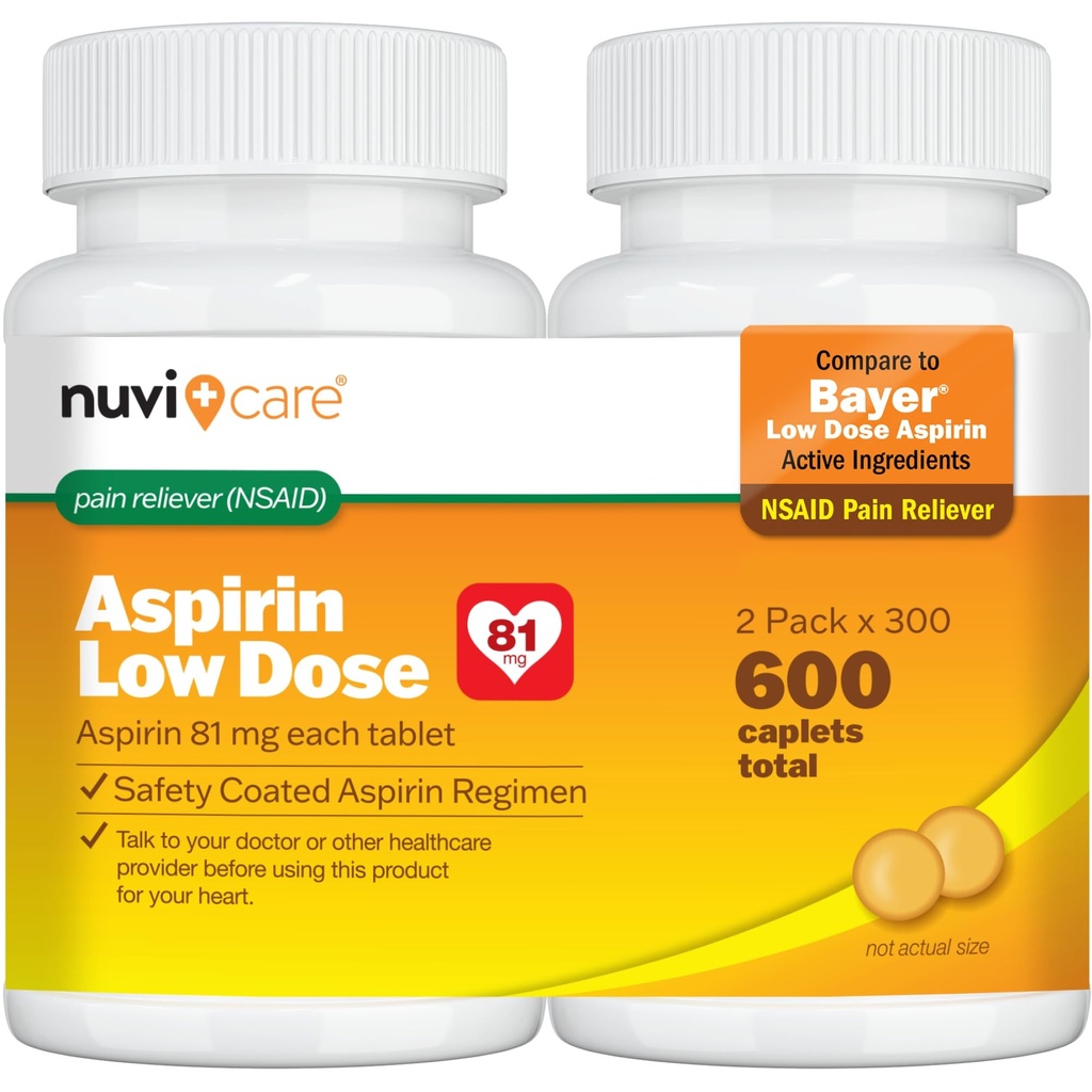 NUVICARE Low Dose Aspirin 81mg for Adults Coated Caplets - Compare to Active Ingredient in Low Dose Bayer Aspirin 81mg for Adults (2 Pack)