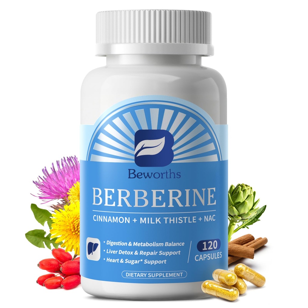 B BEWORTHS Berberine HCL Supplement - Berberine with Ceylon Cinnamon, NAC, Milk Thistle Metabolism & Liver Detox Support | Liposomal Berberine with Turmeric, Choline for Immunity, Gut Health - 120 Ct