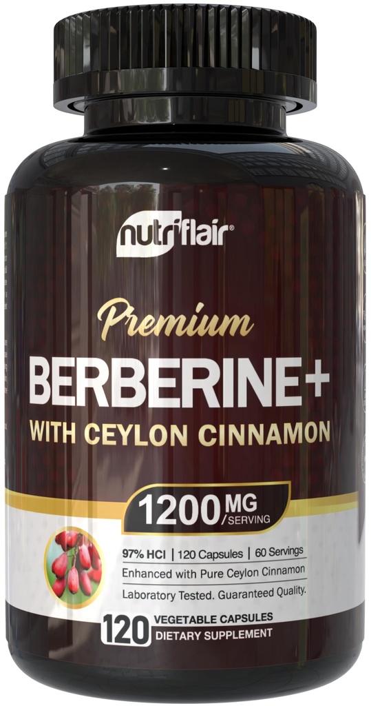 NutriFlair Berberine 97% HCl with Ceylon Cinnamon Supplement, 120 Capsules