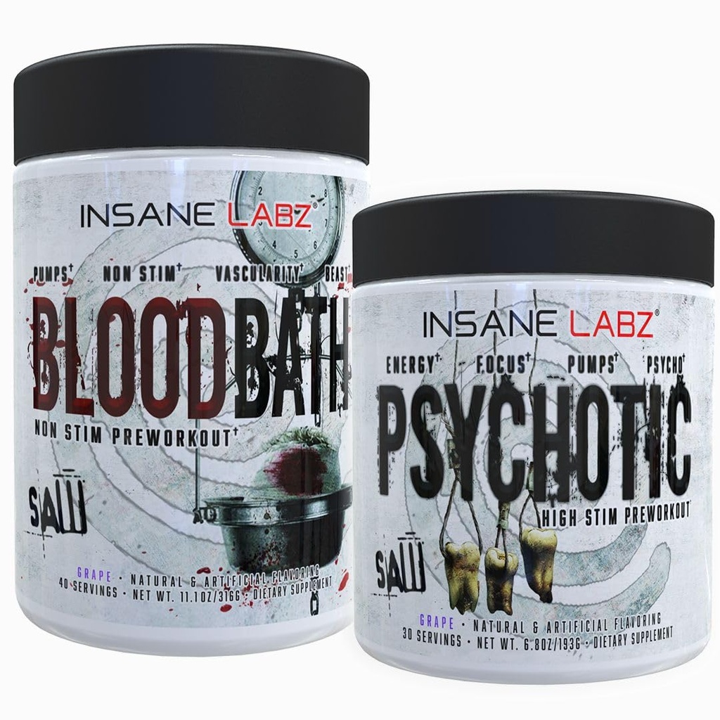 Insane Labz Psychotic Saw® and Bloodbath Pre Workout Nitric Oxide Booster Stack, Increase Muscle Mass, Vascularity, Strength, Energy, Focus (Grape, 30 Servings)