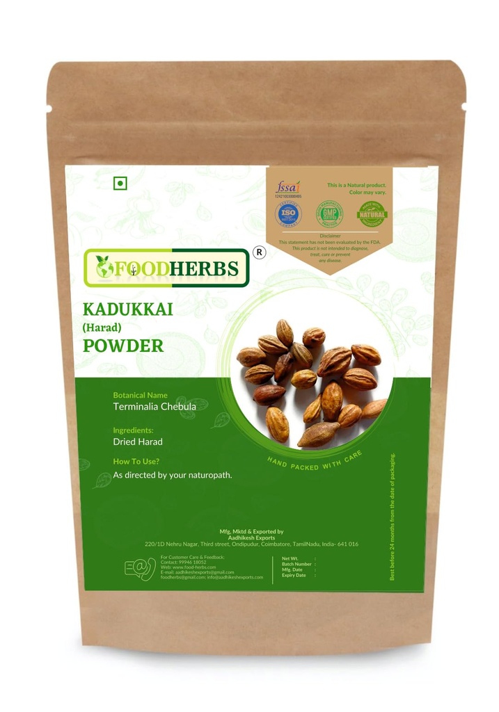 Foodherbs Premium Haritaki Powder single ingredient fine mix, Terminalia chebula Harad Chebulic Myrobalan, hand packed 200 g 0.44 lb, Ayurvedic ritual scoop for warm water or tea, sealed fresh