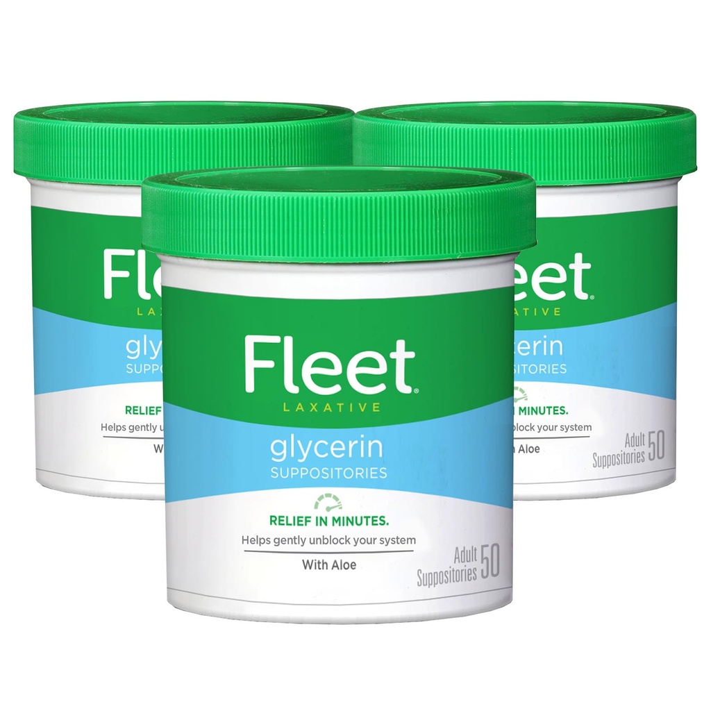 Fleet Glycerin Suppositories for Constipation Relief, Fast and Effective Stimulant-Free Laxative with Aloe Vera, 50 Count Jar, Pack of 3
