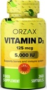 ORZAX ビタミン D3 5000 iu (125 mcg) - 非GMO、グルテンフリー、砂糖無料、乳製品無料 - 強力な筋肉機能と免疫サポートのための 1 年の供給 - ウェルネスのための気分サプリメント (360 Softgel)