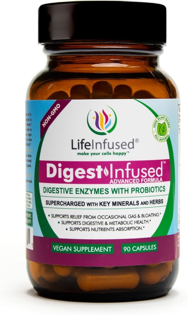 Life Infused - Premium Digestive Enzyme Supplements - 21 Plant-Based Enzymes, Proteases, Bromelain, Amylase, Papain - Probiotics, 72 Key Minerals & Herbs - Ease Gas & Bloating. 90 Serviciones.