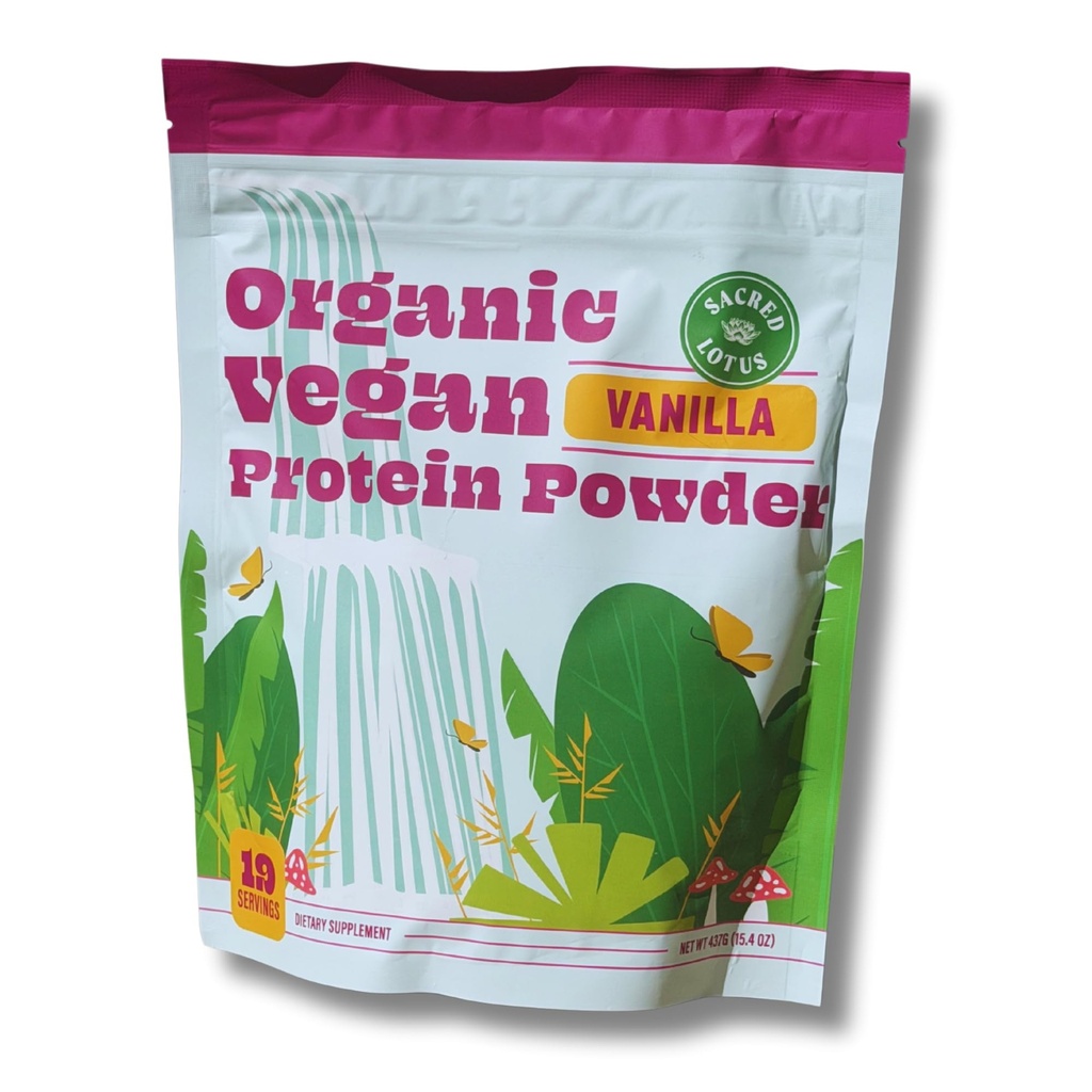 Sacred Lotus Vegan Protein Powder | Organic Vanilla Plant-Based Protein | Brown Rice & Pea Protein Blend | No Dairy, Soy, or Added Sugar | 18g Protein Per Serving | 19 servings | 15.4 oz
