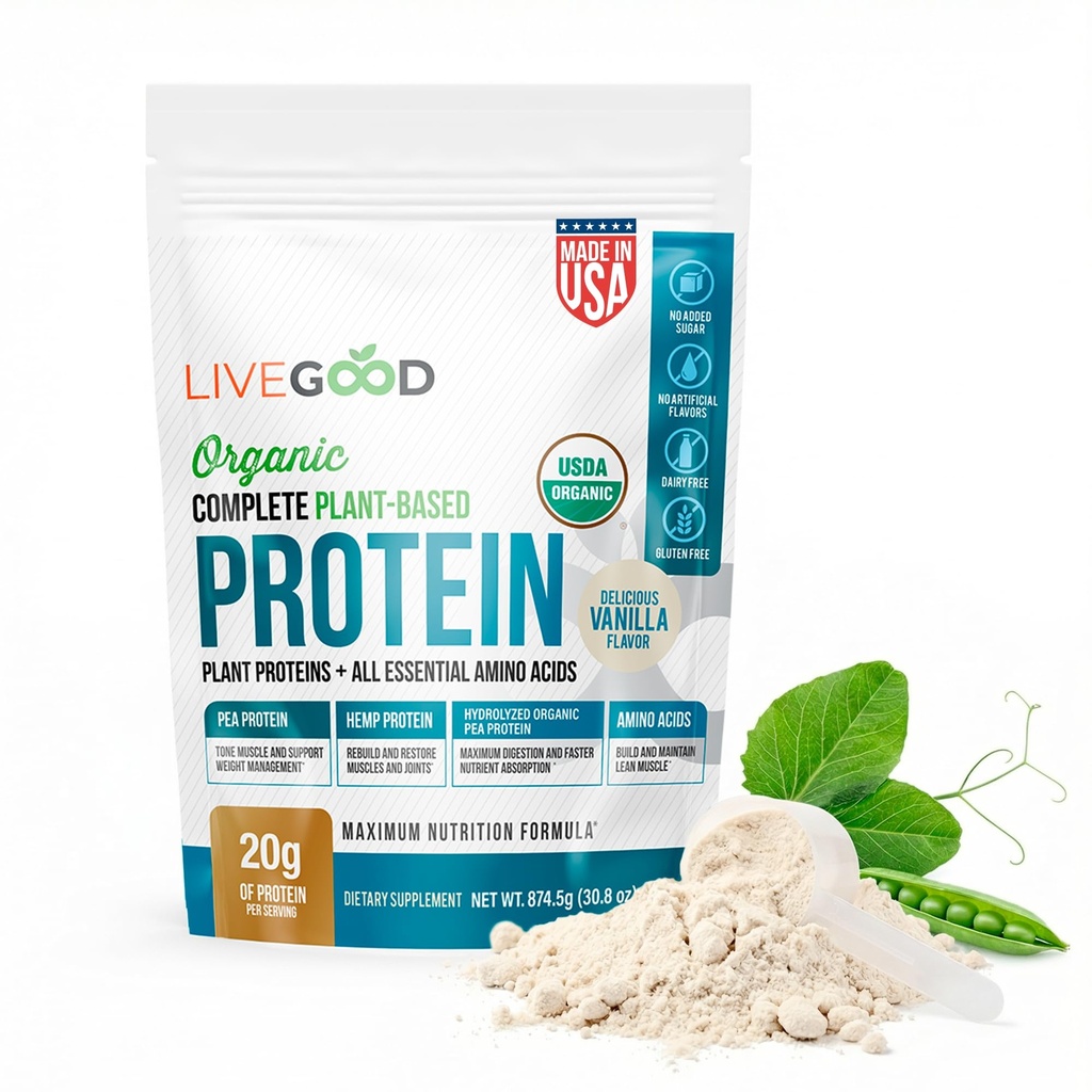 LIVEGOOD Complete Plant Based Protein Powder with Organic Pea Protein and Essential Amino Acids for Muscle Support, Recovery, Energy and Daily Nutrition, Vanilla Protein Supplement (30 Servings)