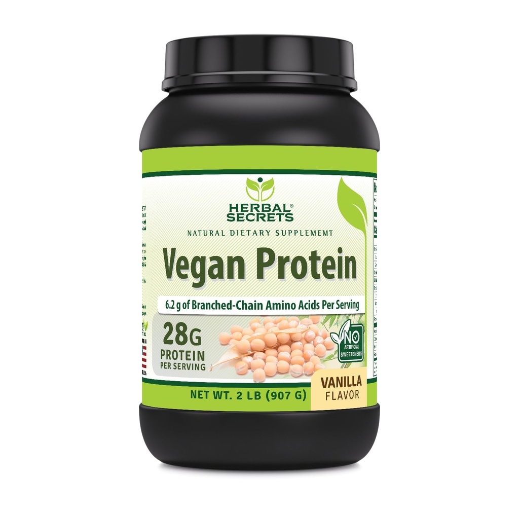 Herbal Secrets Vegan Protein | 28 Grams Protein | 23 Servings | 6.2 Grams BCAA Supplement | Made in USA (2 Lb, Vanilla)