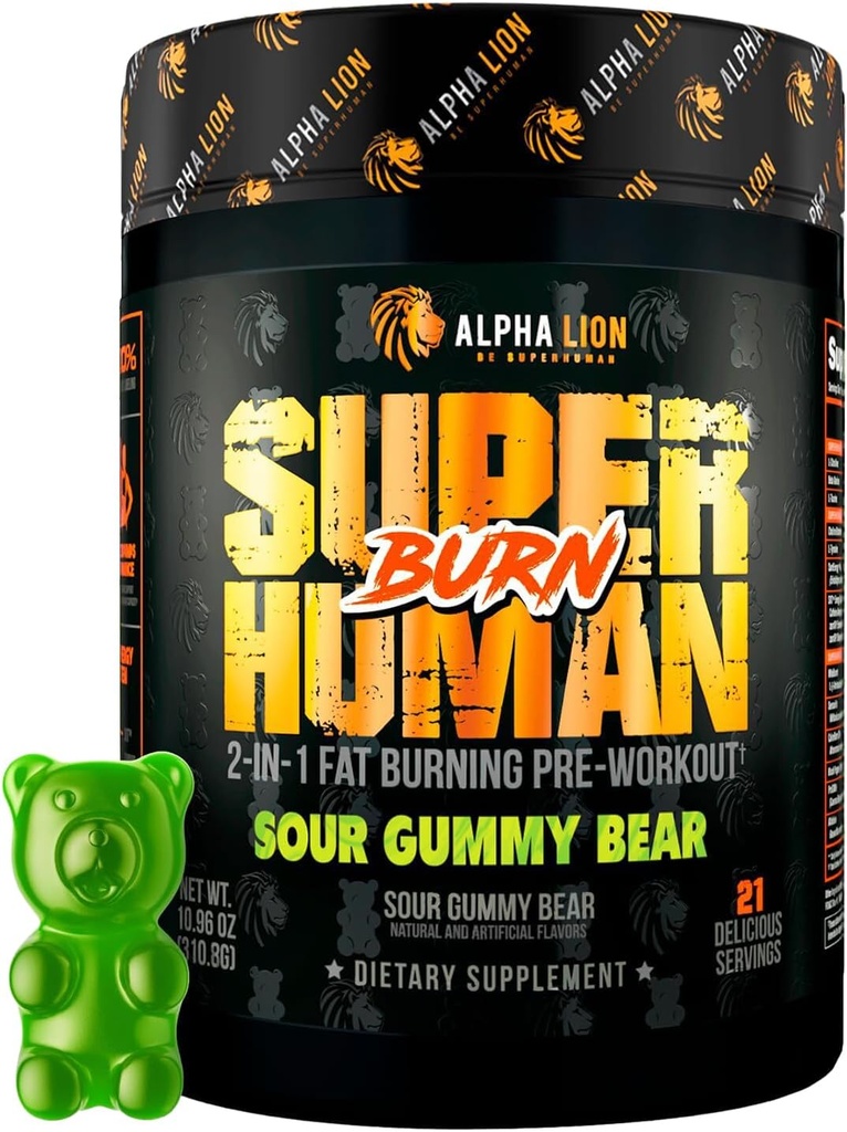 ALPHA LION Superhuman Burn – 2 in 1 Metabolism Booster Pre Workout and Thermogenic Fat Burner for Men – Appetite Suppressant and Weight Loss Supplement (21 Servings, Sour Gummy Bear)