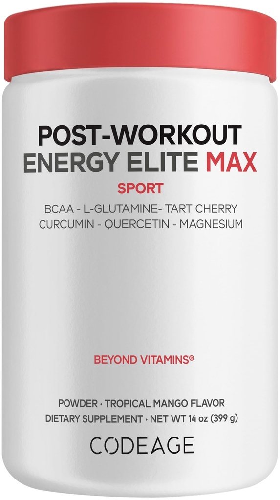 Codeage Post-Workout Recovery Elite Max - BCAA, L-Glutamine, Tart Cherry, Curcumin, Quercetin, Magnesium, Potassium - Muscle Recovery Post Workout Supplement Powder - Tropical Mango Flavor - 14 oz