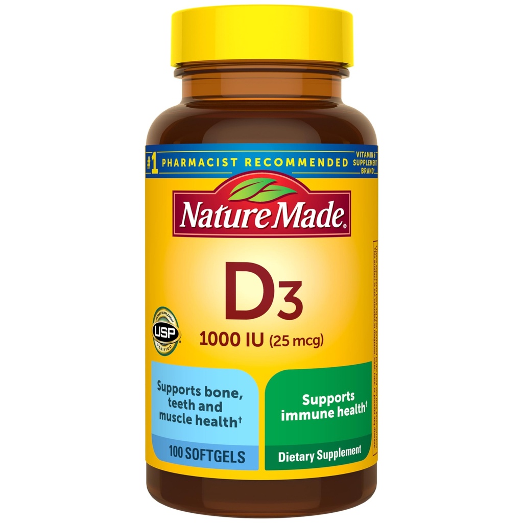 Nature Made Vitamin D3 1000 IU (25 mcg), Vitamin D Supplement for Bone, Teeth, Muscle and Immune Health Support, 100 Softgels, 100 Day Supply