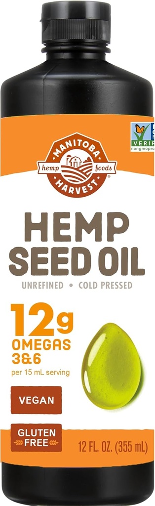 Manitoba Harvest Hemp Seed Oil, Cold Pressed, Premium Quality, 12g of Omegas 3 & 6 Per Serving, Hydrate & Nourish Skin, Non-GMO, Vegan, Gluten Free, Great for cooking, salad dressings, 12 Fl Oz