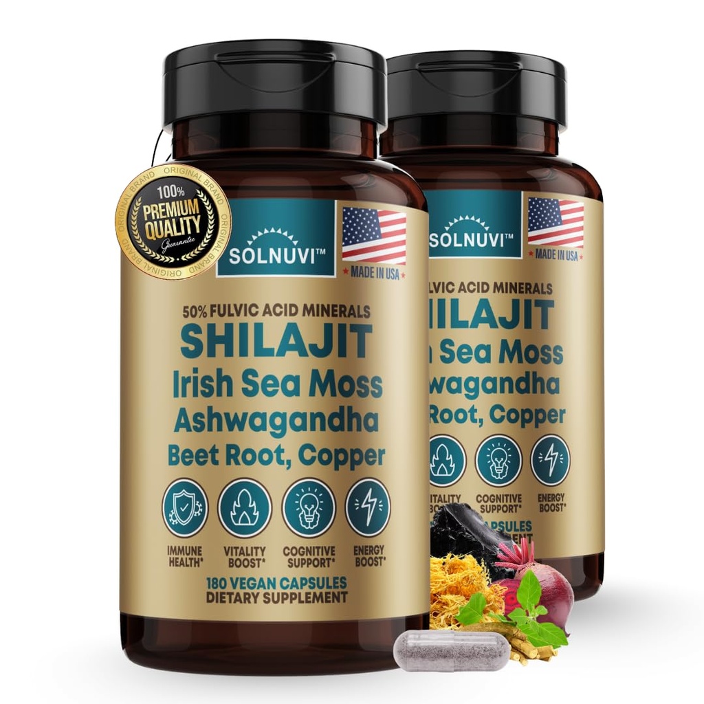 Shilajit Pure Himalayan Organic Capsules with Irish Sea Moss, Ashwagandha, Copper, Beet Root - Fulvic Acid Trace Minerals Supplement for Men & Women - 180 Count, Non-GMO, Gluten-Free