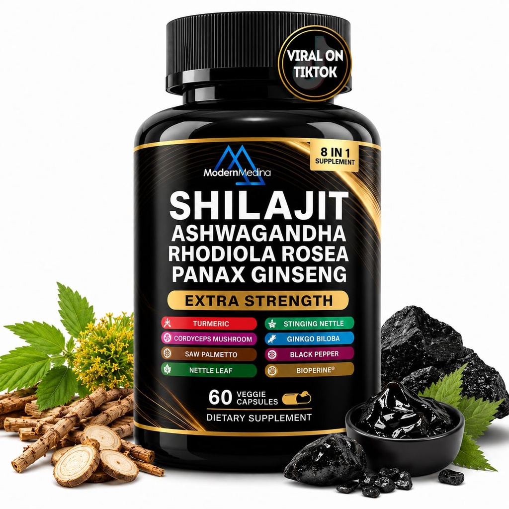8-in-1 Shilajit Supplement with Ashwagandha, Rhodiola Rosea, Panax Ginseng and Ginkgo Biloba - 700mg Per Serving, 60 Veggie Capsules