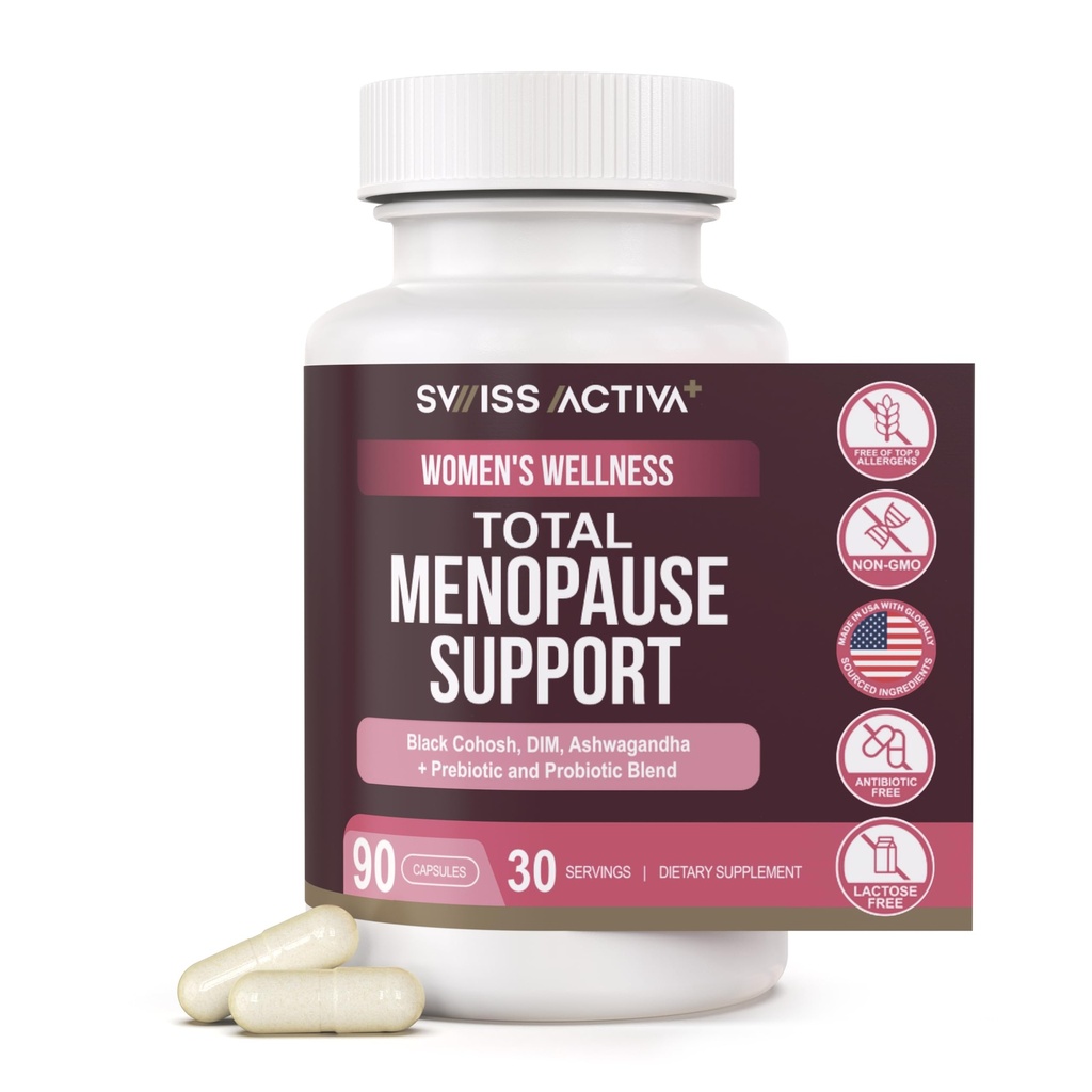 Swiss Activa+ Labs Total Menopause Support – Hormone Balance, Hot Flash Relief, Mood & Energy Boost, Gut Health, Vegan, Non-GMO Plant-Based Menopause Supplements for Women – 30-Day Supply