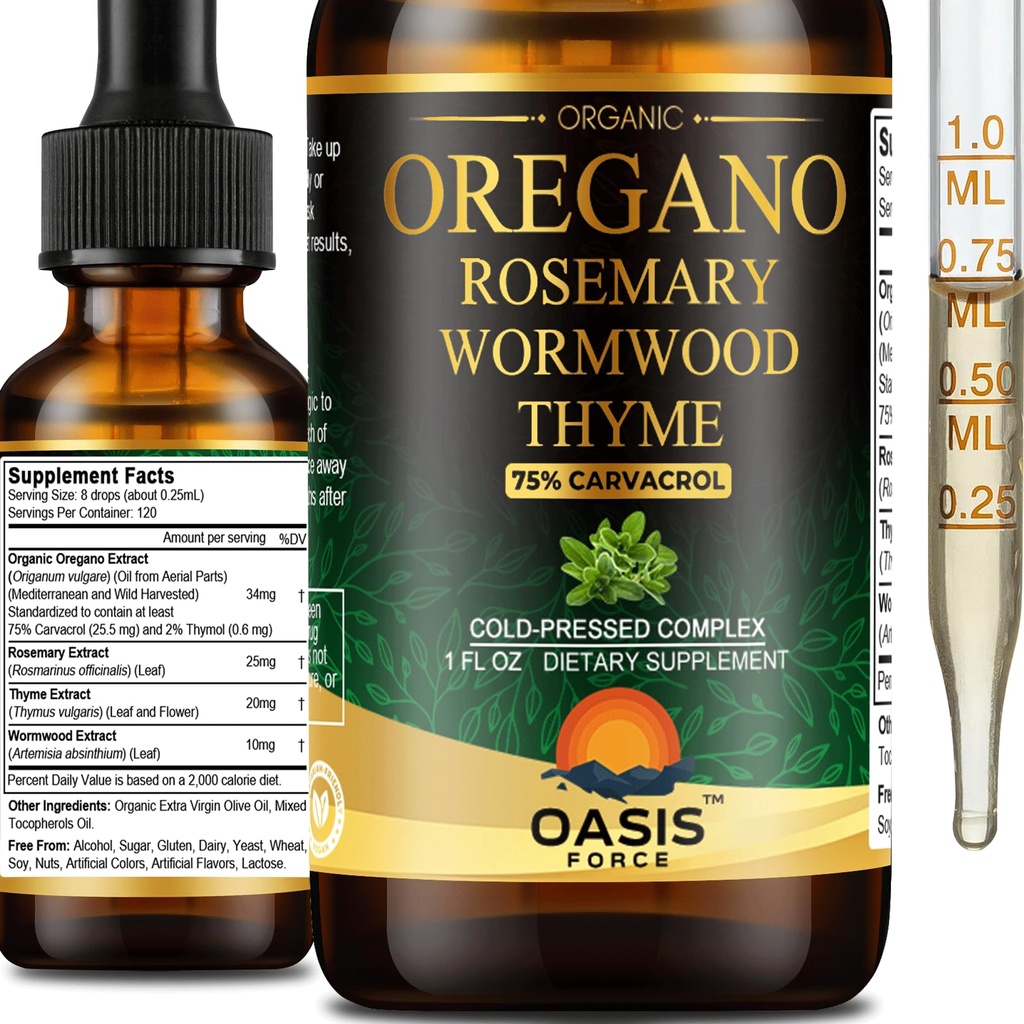 Organic Oil of Oregano Liquid Drops with 75% High Carvacrol – Wild Mediterranean Oregano Herbal Supplement for Immune & Digestive Health, Vegan, Sugar-Free, Alcohol-Free, Non-GMO, 1 FL OZ