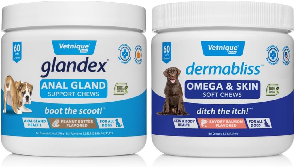 VETNIQUE Dermabliss Omega & Skin Supplement Chews for Dogs (60ct) & Glandex Anal Gland Support Peanut Butter Soft Chews for Dogs (60ct)