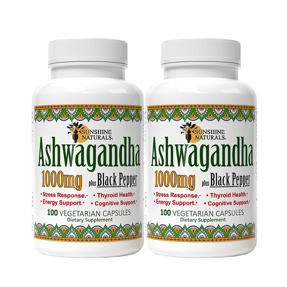 Sunshine Naturals Ashwagandha & Black Pepper Dietary Supplement. Supports Stress Relief, Mood Balance, Immune System Health, and Energy. 1000mg. 100 Capsules. Pack of 2