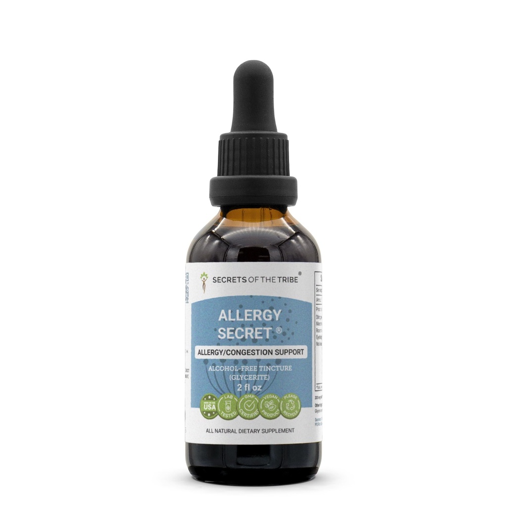 Secrets of the Tribe Allergy Secret Alcohol-Free Extract, Tincture, Glycerite Rosemary, Mullein Leaf, Marshmallow, Stinging Nettle, Eyebright. Allergy/Congestion Support (2 OZ)