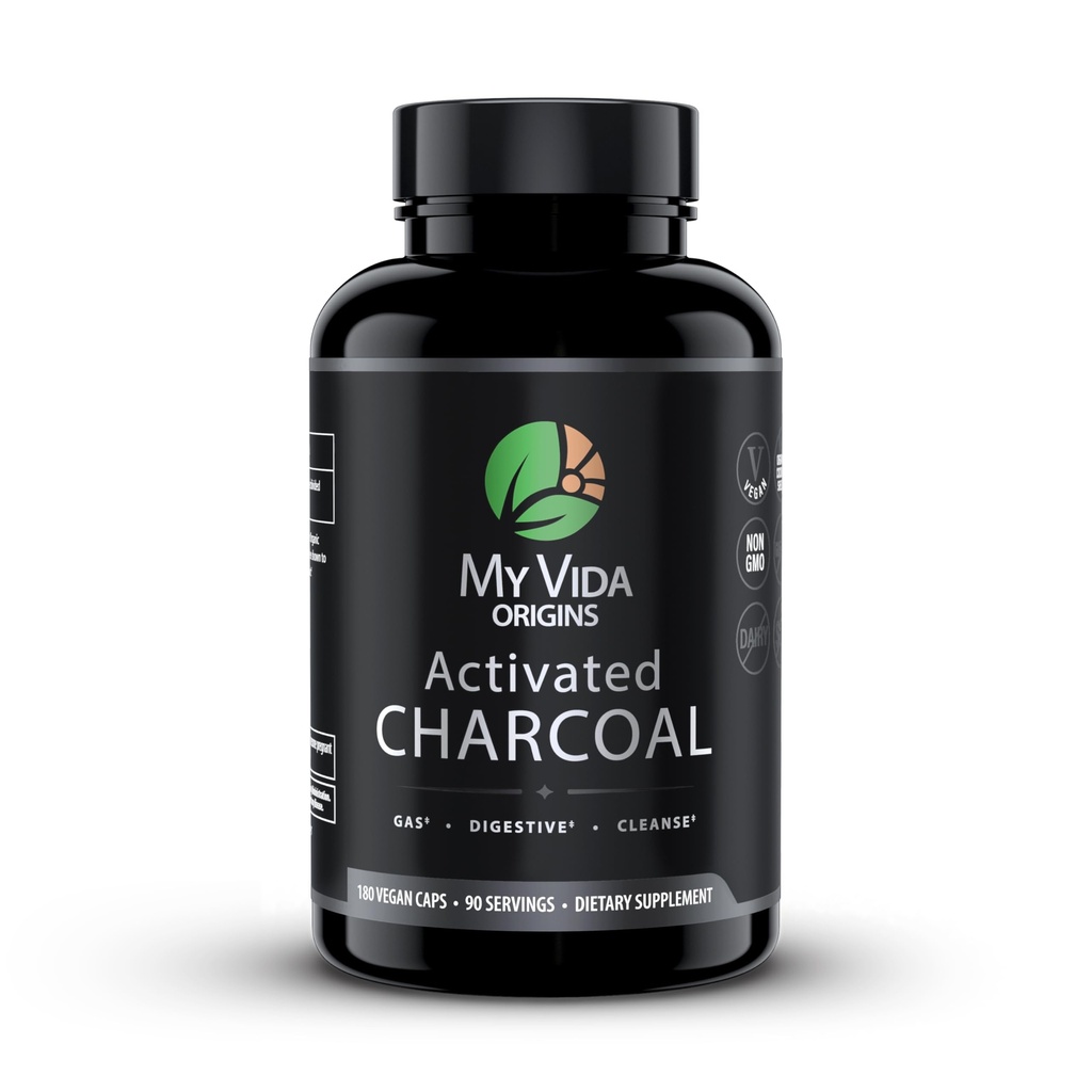 My Vida Origins Activated Coconut Charcoal Capsules - Detox, Gas Relief, Digestive and Gut Health Support | Vegan, Organic, Non-GMO, Gluten Free, No Additives - 90 Count