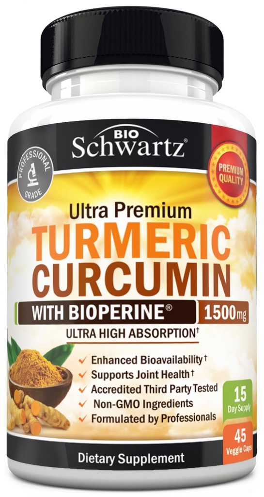 Turmeric Curcumin with Black Pepper Extract 1500mg - High Absorption Ultra Potent Turmeric Supplement with 95% Curcuminoids and BioPerine - Non GMO Tumeric Capsules for Joint Support - 45 Capsules