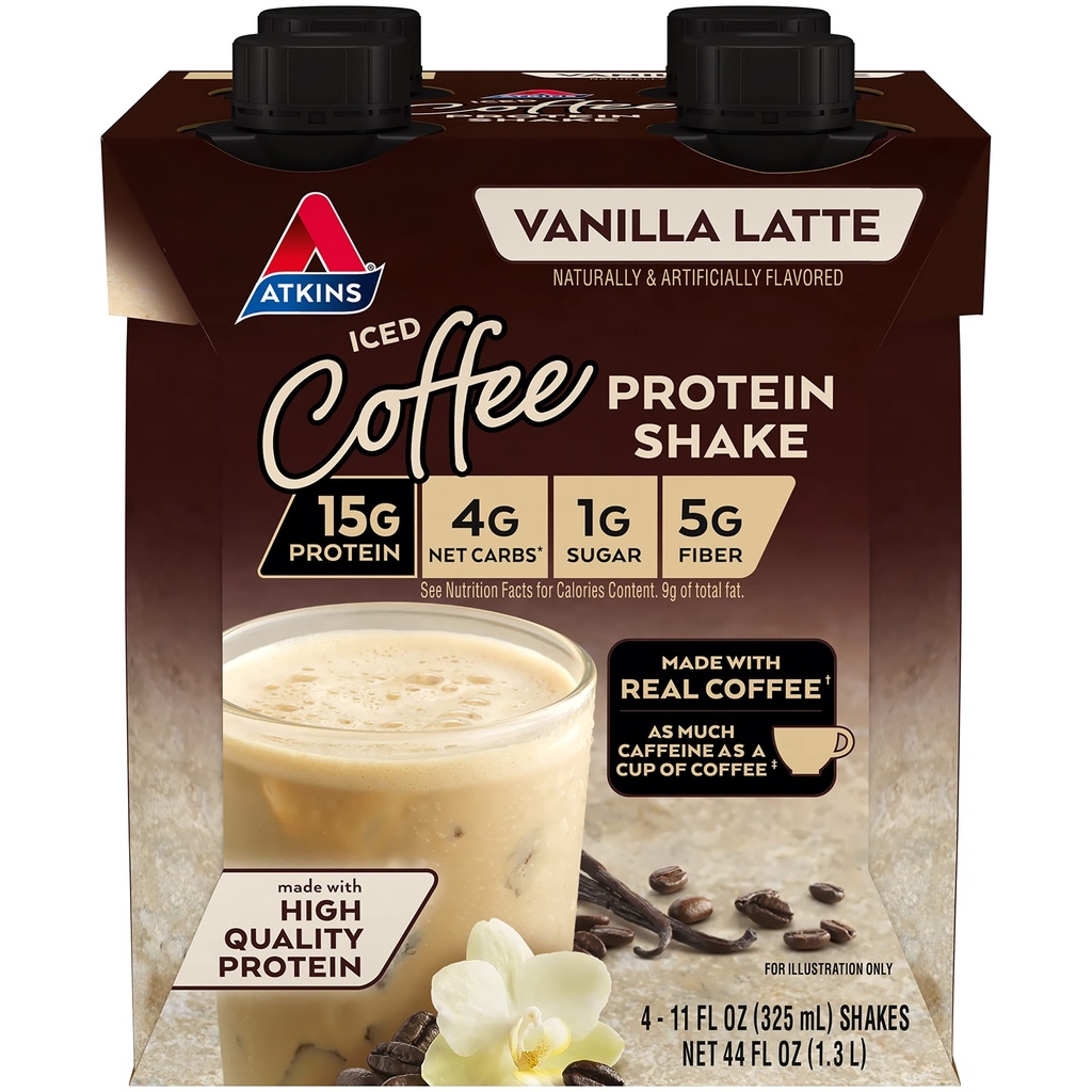 Atkins Iced Coffee Vanilla Latte Protein-Rich Shake, Keto Friendly and Gluten Free. (4 Shakes)