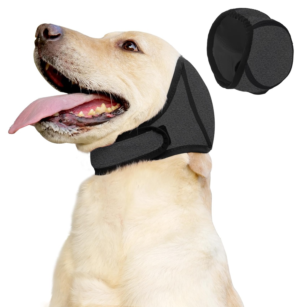 JOHNBOLIN Dog Ear Muffs & No Shake Ear Wrap for Hematoma, Bathing, Drying, Swim& Noise Anxiety Relief- Elastic Waterproof Ear Protector with Calming Hoodie Design for Grooming/Head Ear Cover (Grey, L)