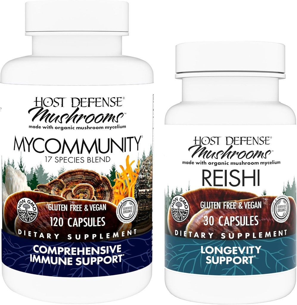 Host Defense MyCommunity Capsules, 120 Count & Reishi Capsules, 30 Count - Apoio á saúde inmune con 17 Species Mushroom Blend - Apoio á saúde cerebral, memoria e foco