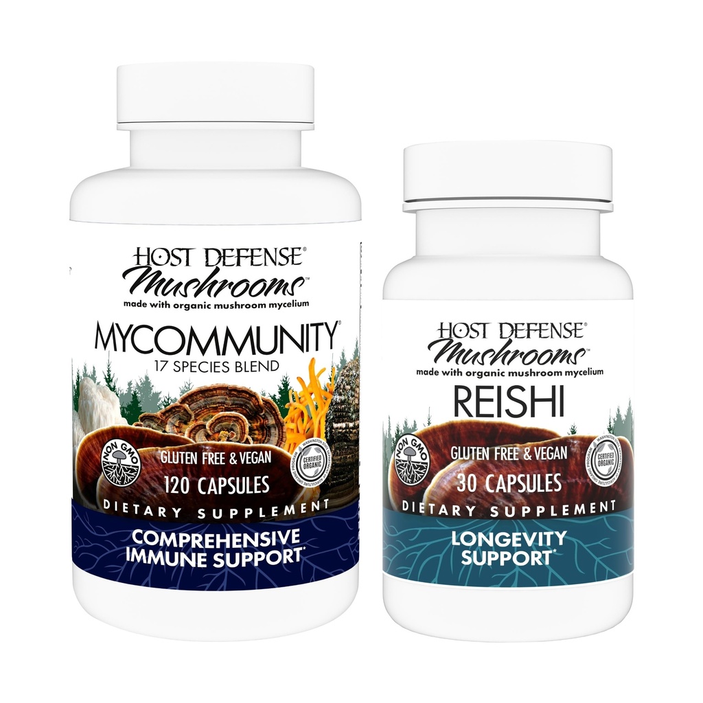Host Defense MyCommunity Capsules, 120 Count & Reishi Capsules, 30 Count - Support Immune Health with 17 Species Mushroom Blend - Support Brain Health, Memory & Focus*