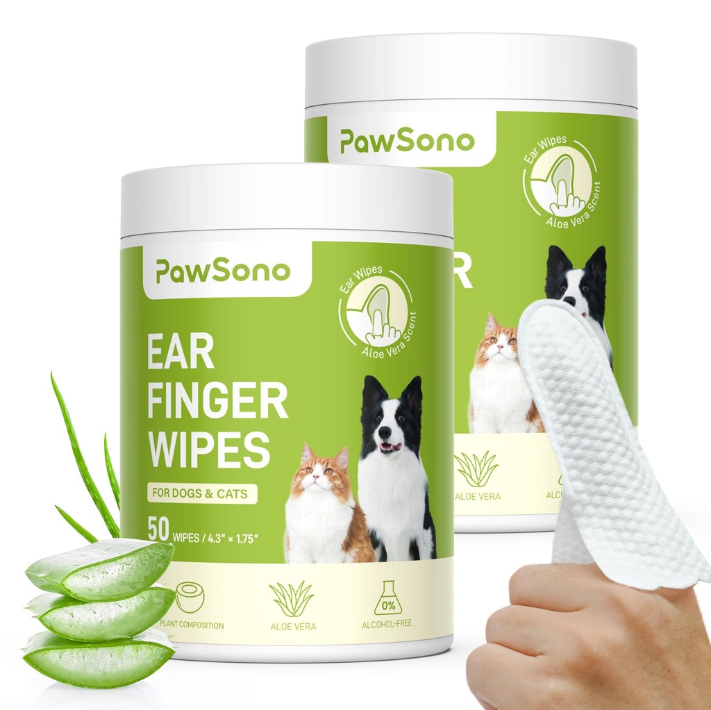 PawSono Ear Finger Wipes Eye Wipes for Dogs & Cats, Thicker Dog Ear Cleaner Wipes, Natural Relief Cat Ear Cleaner Dog, Pet Health Supplies for Dog Kitten Small Animal, Aloe Scent Deodorizing - 100 P