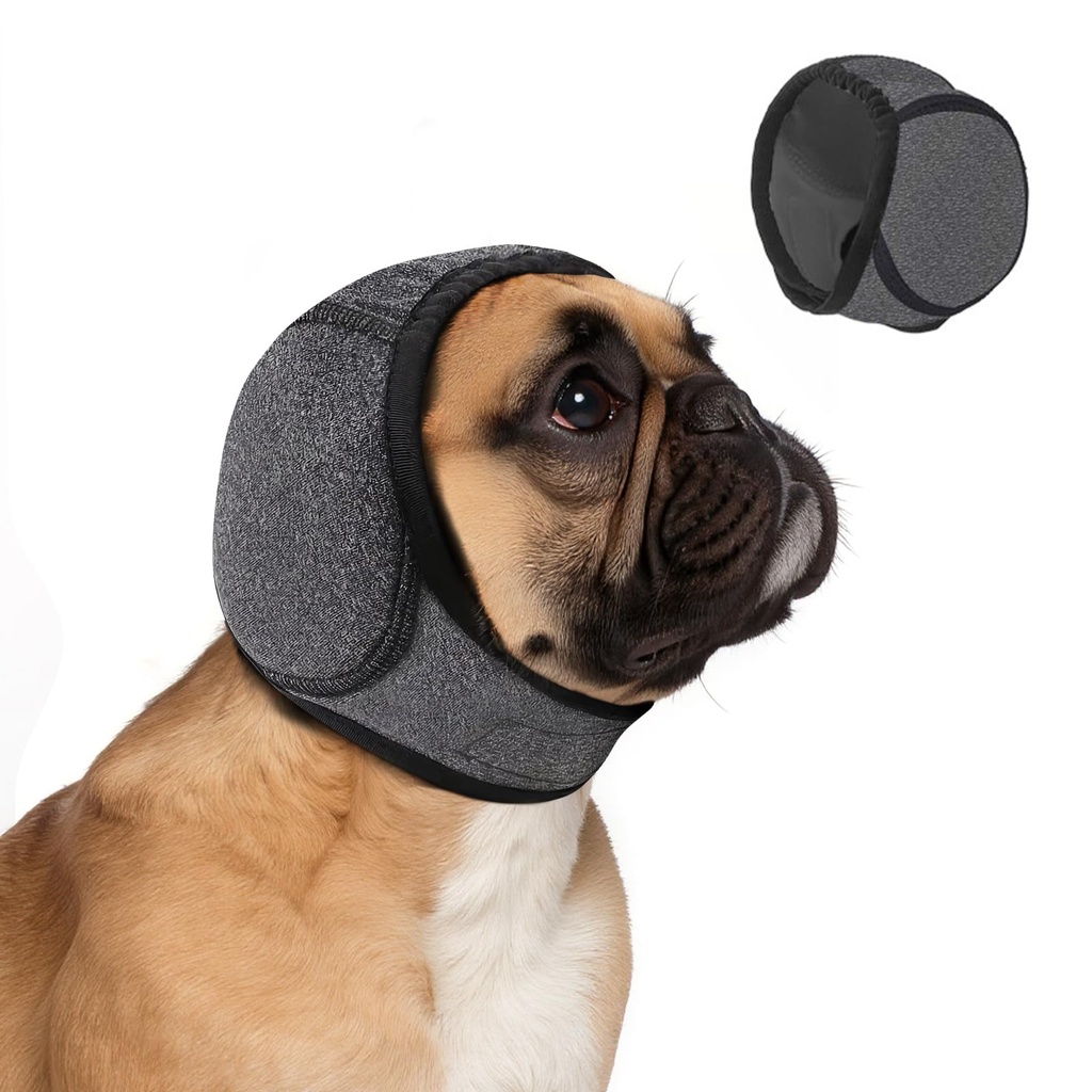 Dog Ear Muffs Noise Protection, No-Shake Ear Wrap for Hematoma Care, Bathing, Drying, Swimming & Noise Anxiety Relief (Grey, Small)