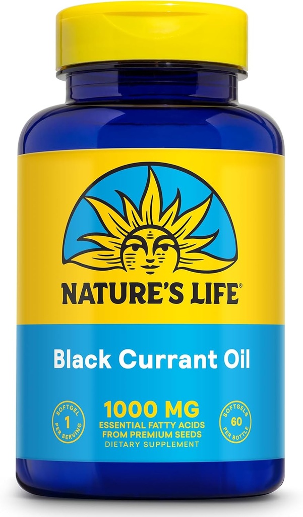 NATURE 'S LIFE Black Currant Seed Oil 1000mg - Black Currant Oil, Natural Source of Omega 6 Gamma Linolenic Acid (GLA) and Omega 3 Alpha- Linolenic Acid (ALA), 60- Day Guarantee, 60 Servings, 60 Softgels