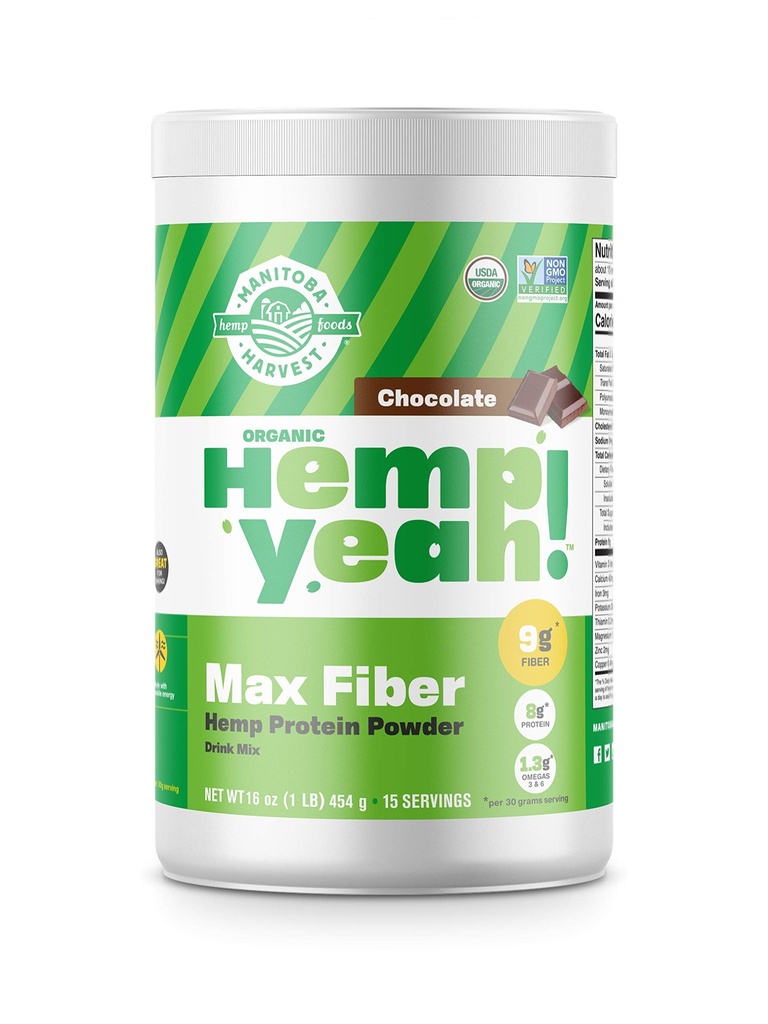 Manitoba Harvest Organic Hemp Pro Fiber Protein Powder, Chocolate, 16oz; with 10g of Fiber & 8g Protein per Serving, Preservative-Free