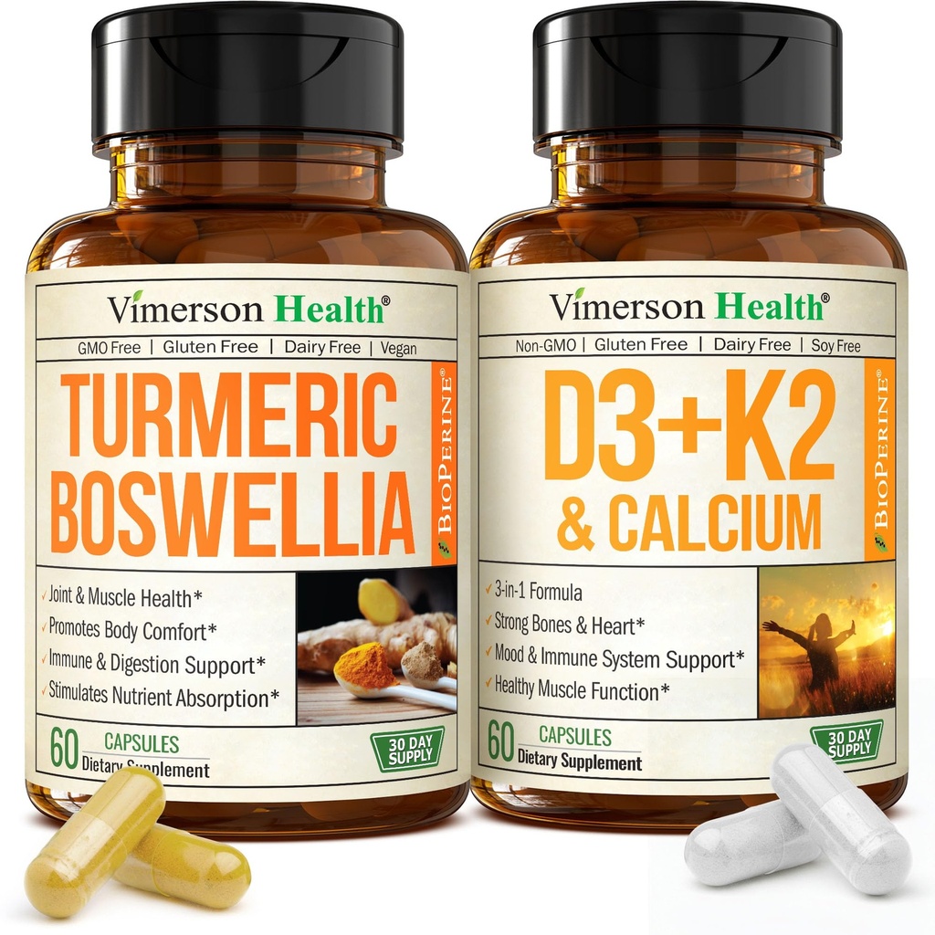 Boswellia Turmeric Curcumin Supplement + Vitamin D3 K2 5000 IU Bundle – Supports Joint Health & Immune, Bone, Heart Health – with Ginger Root, Organic Turmeric Powder, Vitamin D, K2, Calcium