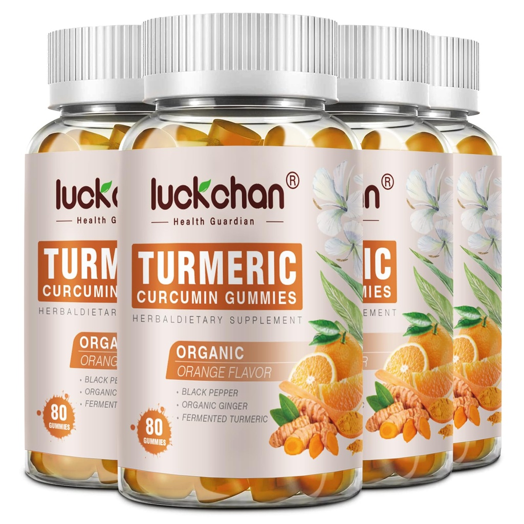 Turmeric Curcumin Gummies with Ginger & Black Pepper Herbal Supplement-320 Count for Adults and Kids - Tumeric Gummy Supplements Vegan, Organic, Gelatin-Free 4 Pack