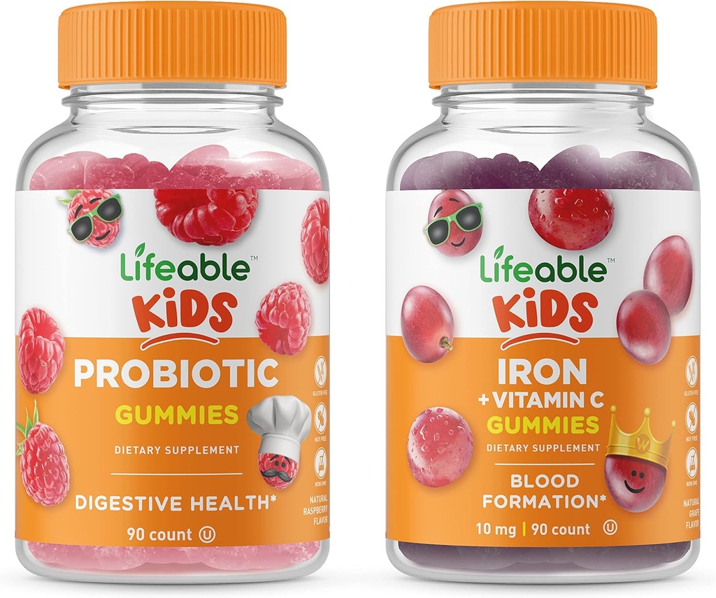 Lifeable Probiotic 2 milliards d'UFC Enfants + Fer et vitamine C Enfants, Gommies Bundle - Grande dégustation, supplément de vitamine, sans gluten, sans OGM, gommy à croquer