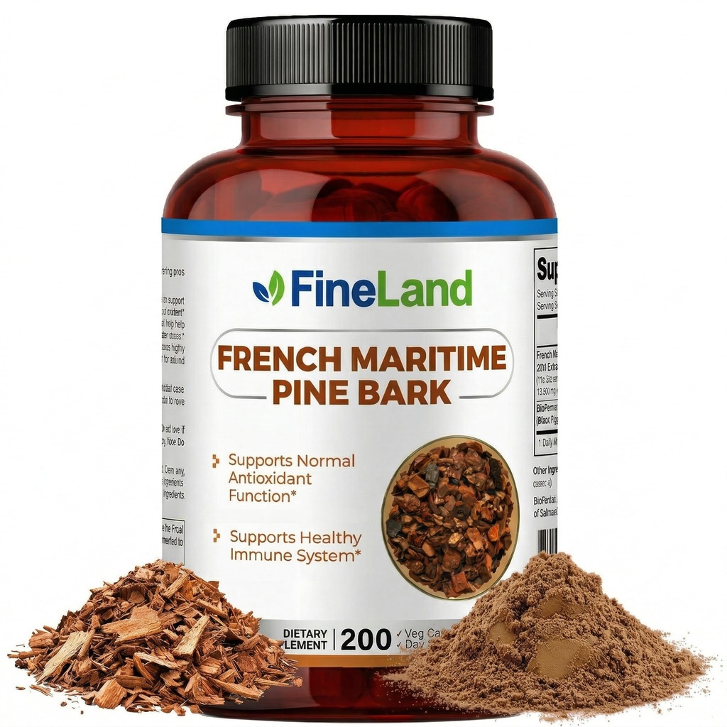 FineLand French Maritime Pine Bark 30:1 Extract Max Strength, 450 mg Per Serving, Antioxidant, 200 Veggie Caps of Pine Bark Supplement for 200 Days, 100% Natural